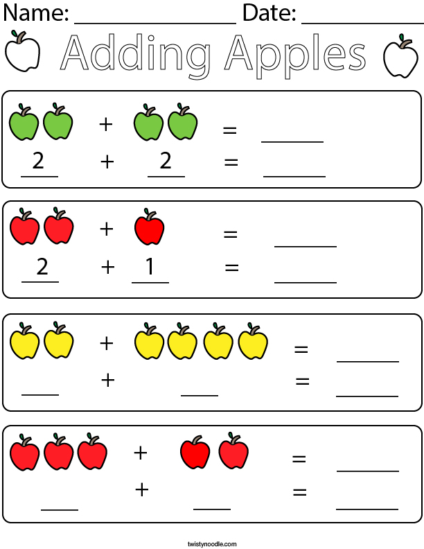 Apple Math Addition Worksheets